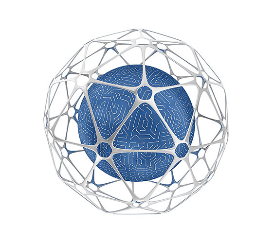 Image of a blue sphere surrounded by silver lines