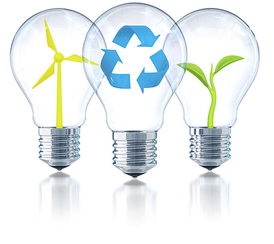 Image of three lightbulbs displaying symbols of a wind turbine, recycling, and a plant