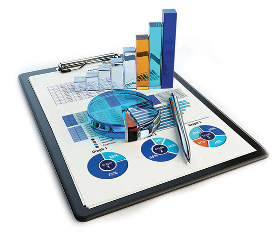 Image of a clipboard with a paper showing 3D models of a bar graph and pie chart