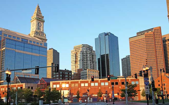 Photo of Boston skyline with downtown skyscrapers and buildings