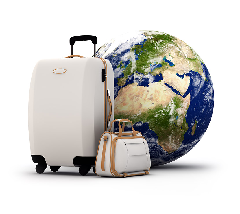 Image of a suitcase and bag next to the Earth