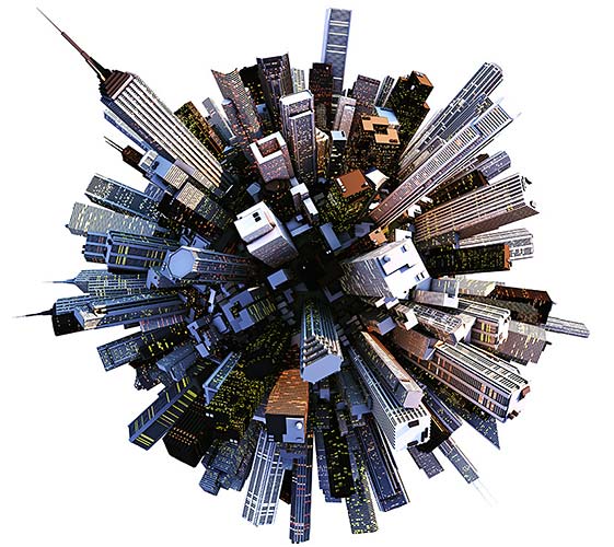 A birds eye view image of a city skyline