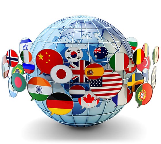 Image of the globe surrounded by various international flags