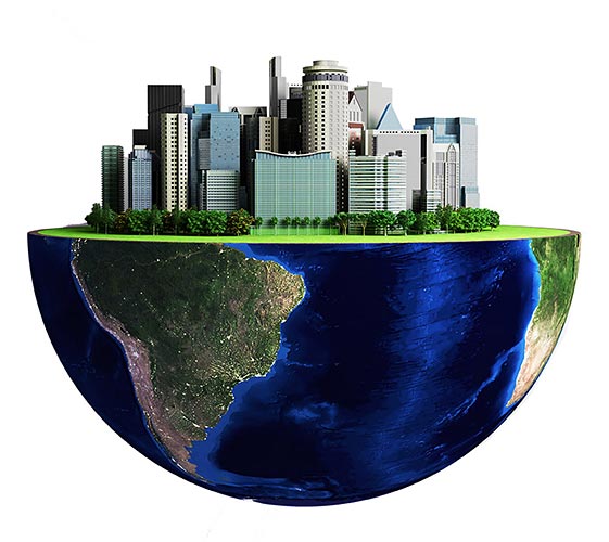Image of a city skyline atop the globe